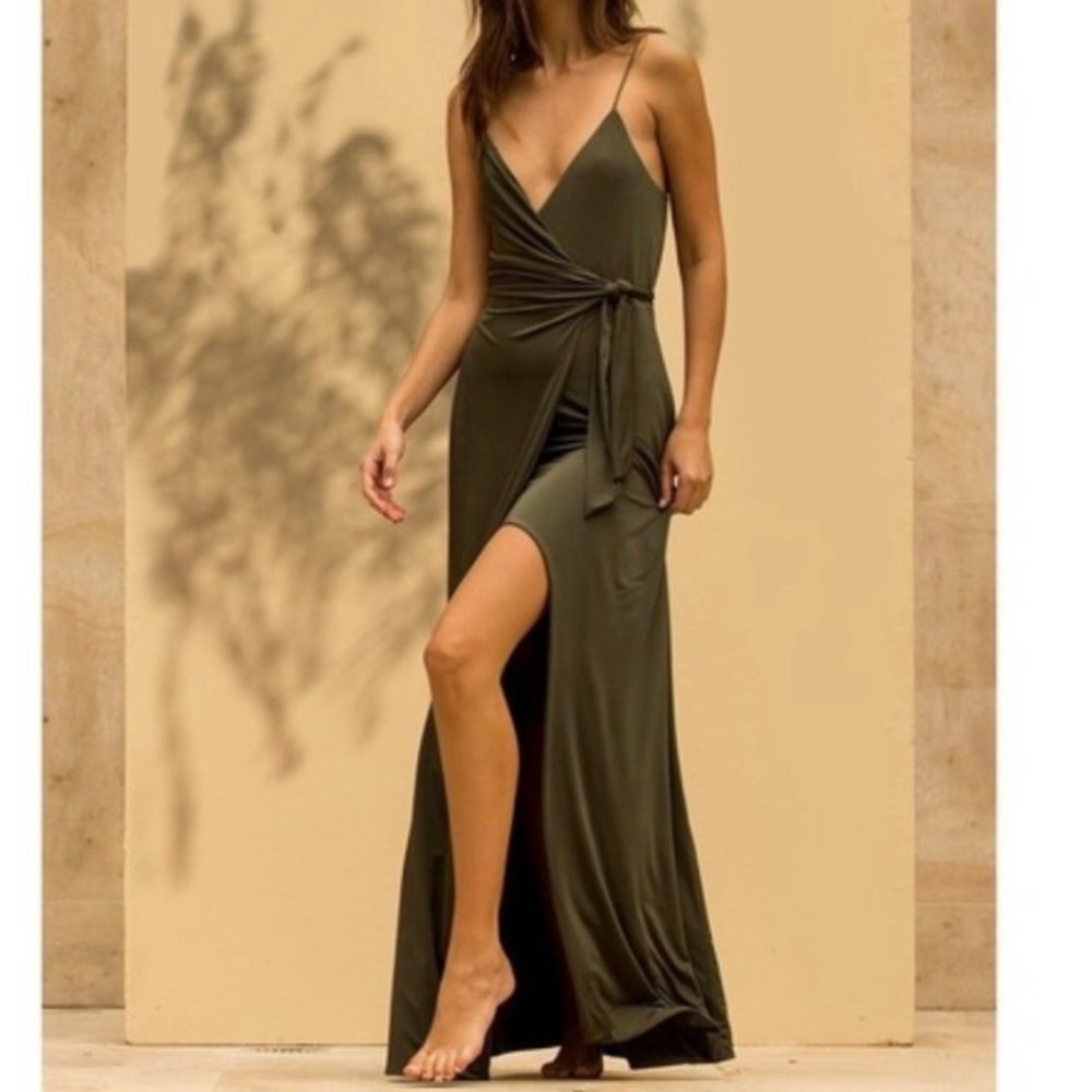 Misa Los Angeles Olive Wrap Maxi Dress with Thigh Slit